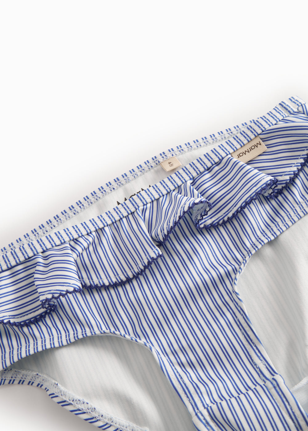 Bikini for children with blue stripes and ruffles.