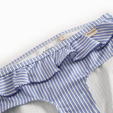 Bikini for children with blue stripes and ruffles.