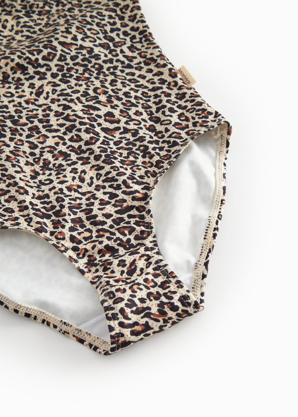 Children's swimwear with a brown leopard pattern.