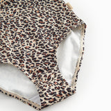 Children's swimwear with a brown leopard pattern.