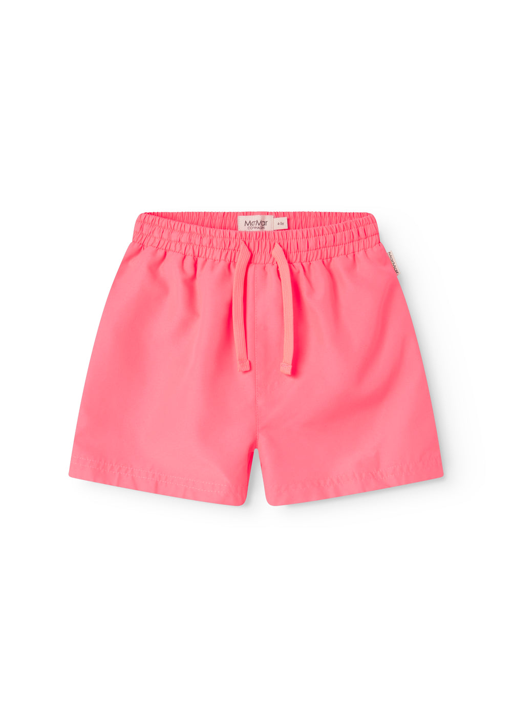 Neon pink badeshorts for children with a drawstring.