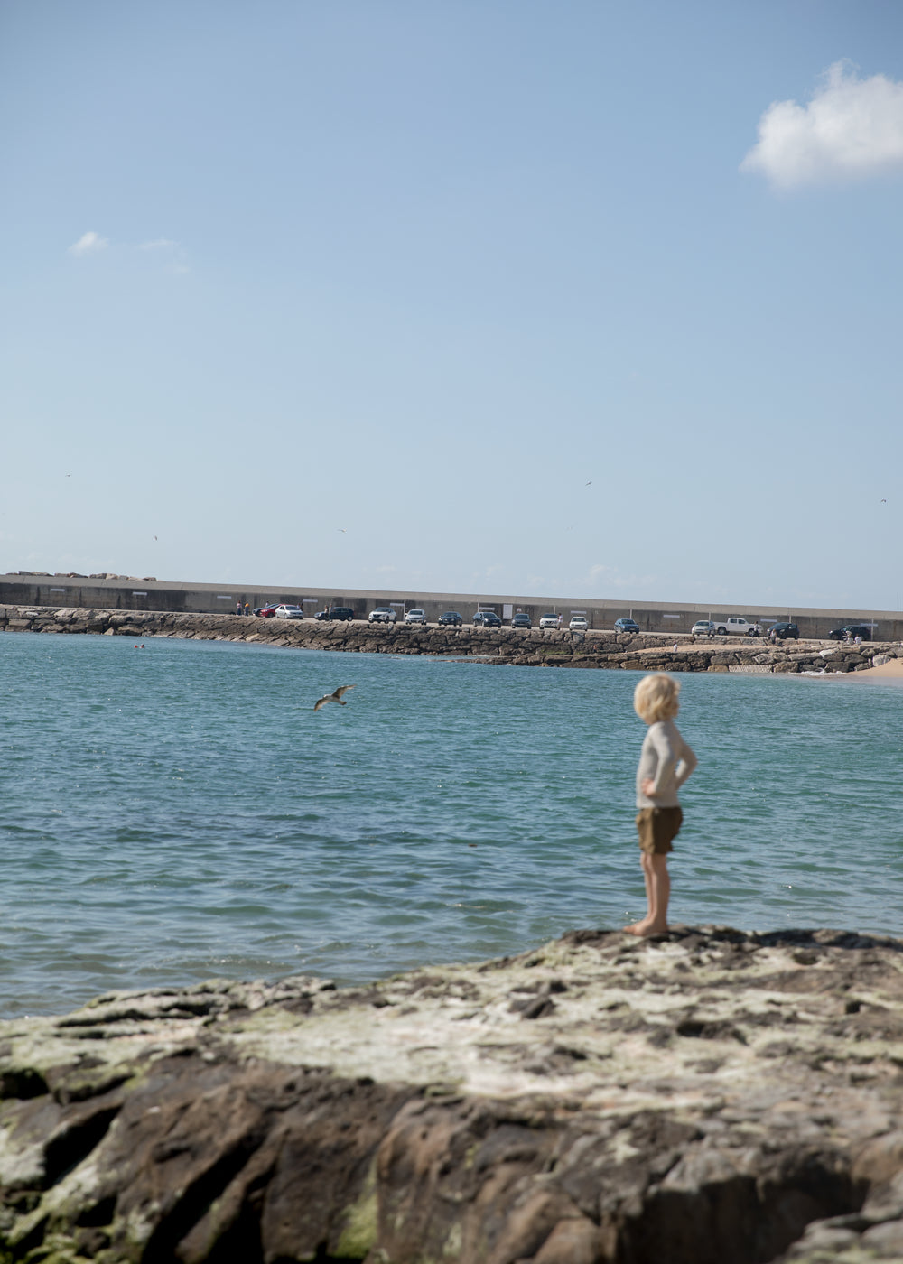 Dreng der kigger ud over havet iført ronzefarvet stribet badetrøje og shorts