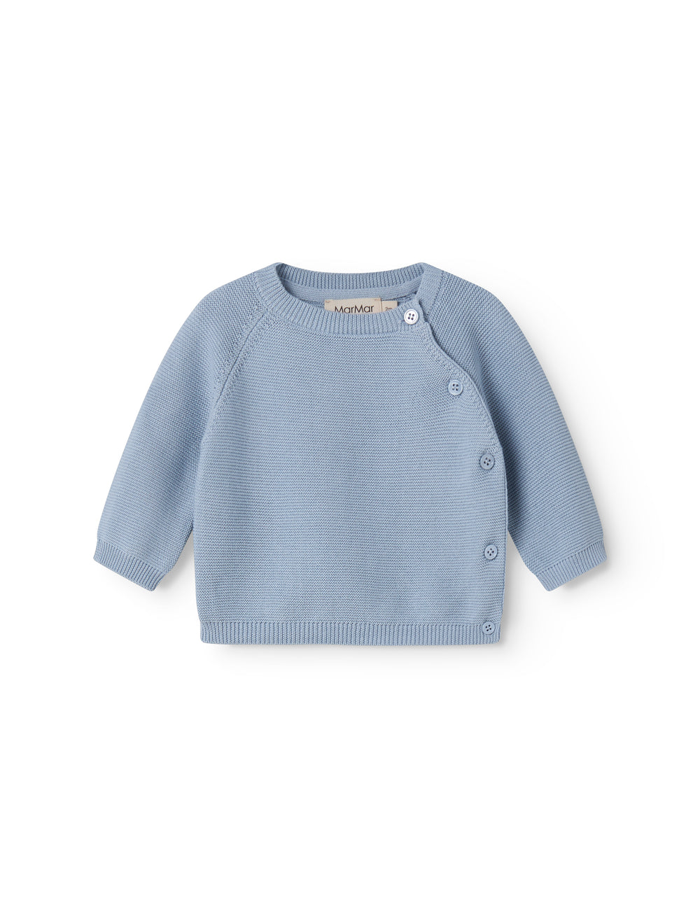 Blue knitted baby shirt with buttons.