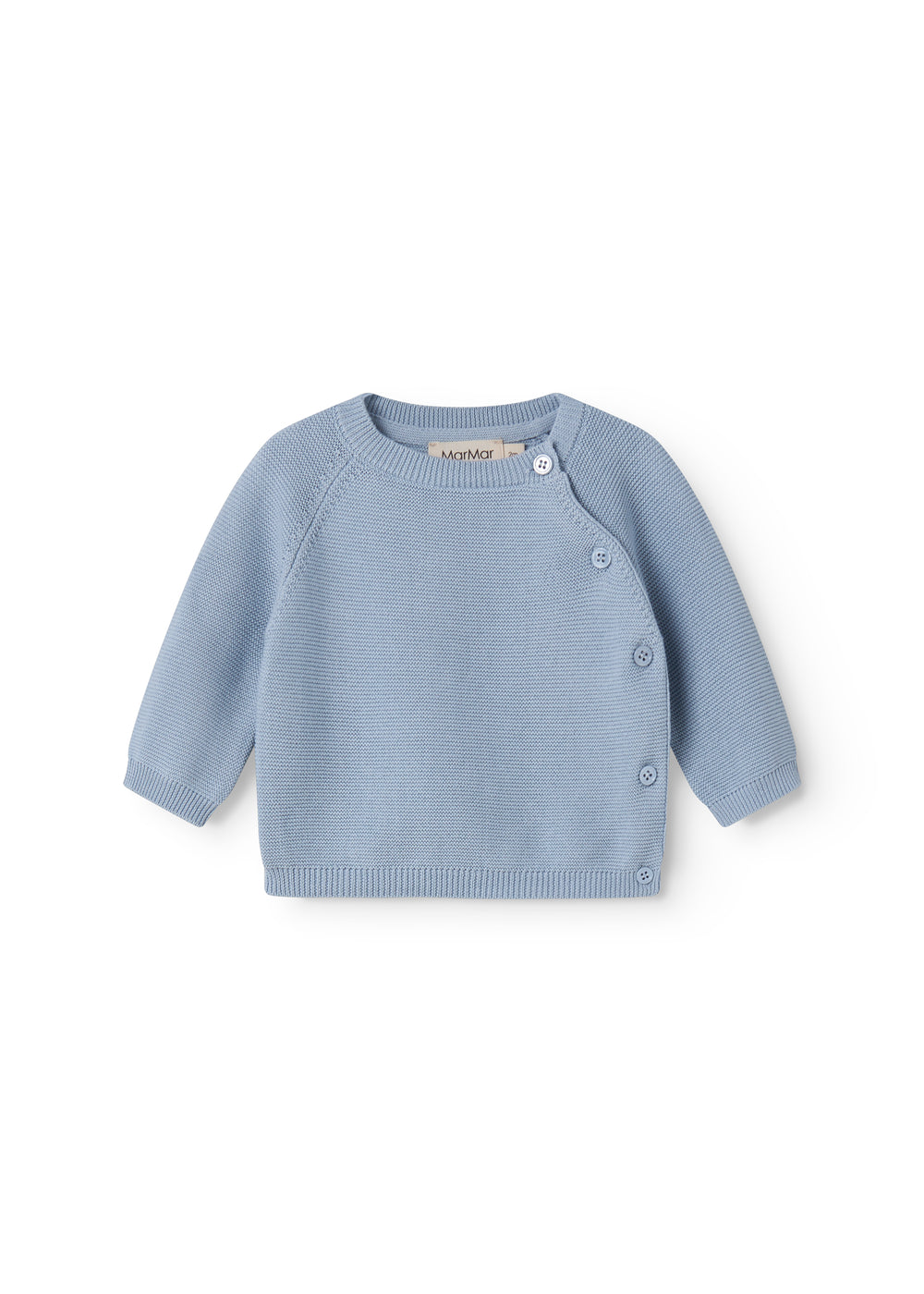 Blue knitted baby shirt with buttons.