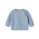 Blue knitted baby shirt with buttons.