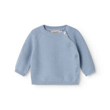 Blue knitted baby shirt with buttons.