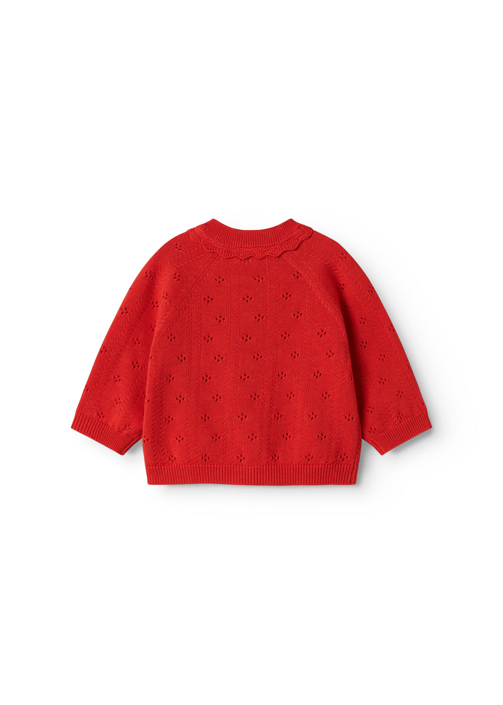 Rød strik cardigan til baby, med fint hulmønster og knaplukning