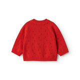 Rød strik cardigan til baby, med fint hulmønster og knaplukning