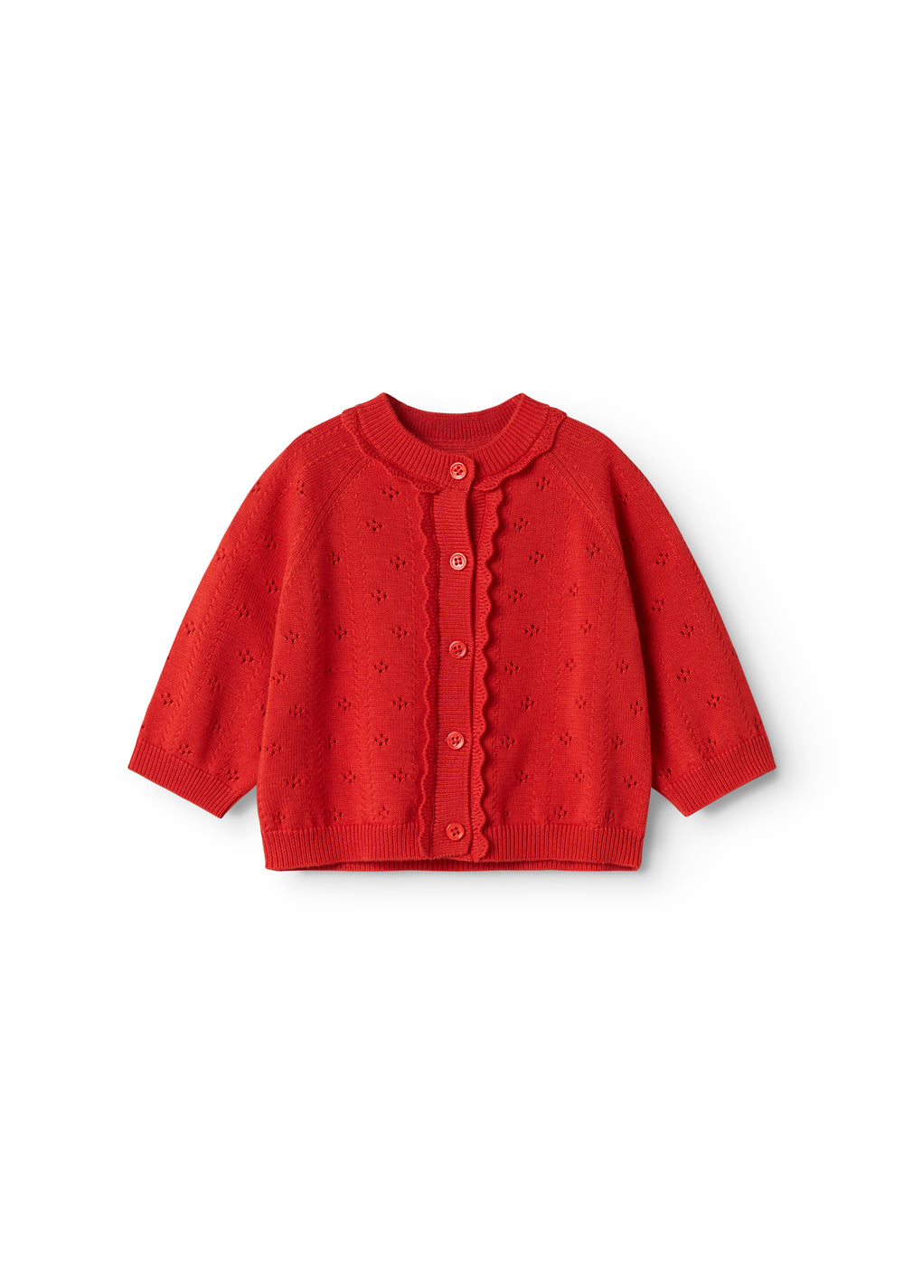 Red striped cardigan for baby, with a pretty lace pattern and button closure.