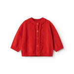 Red striped cardigan for baby, with a pretty lace pattern and button closure.