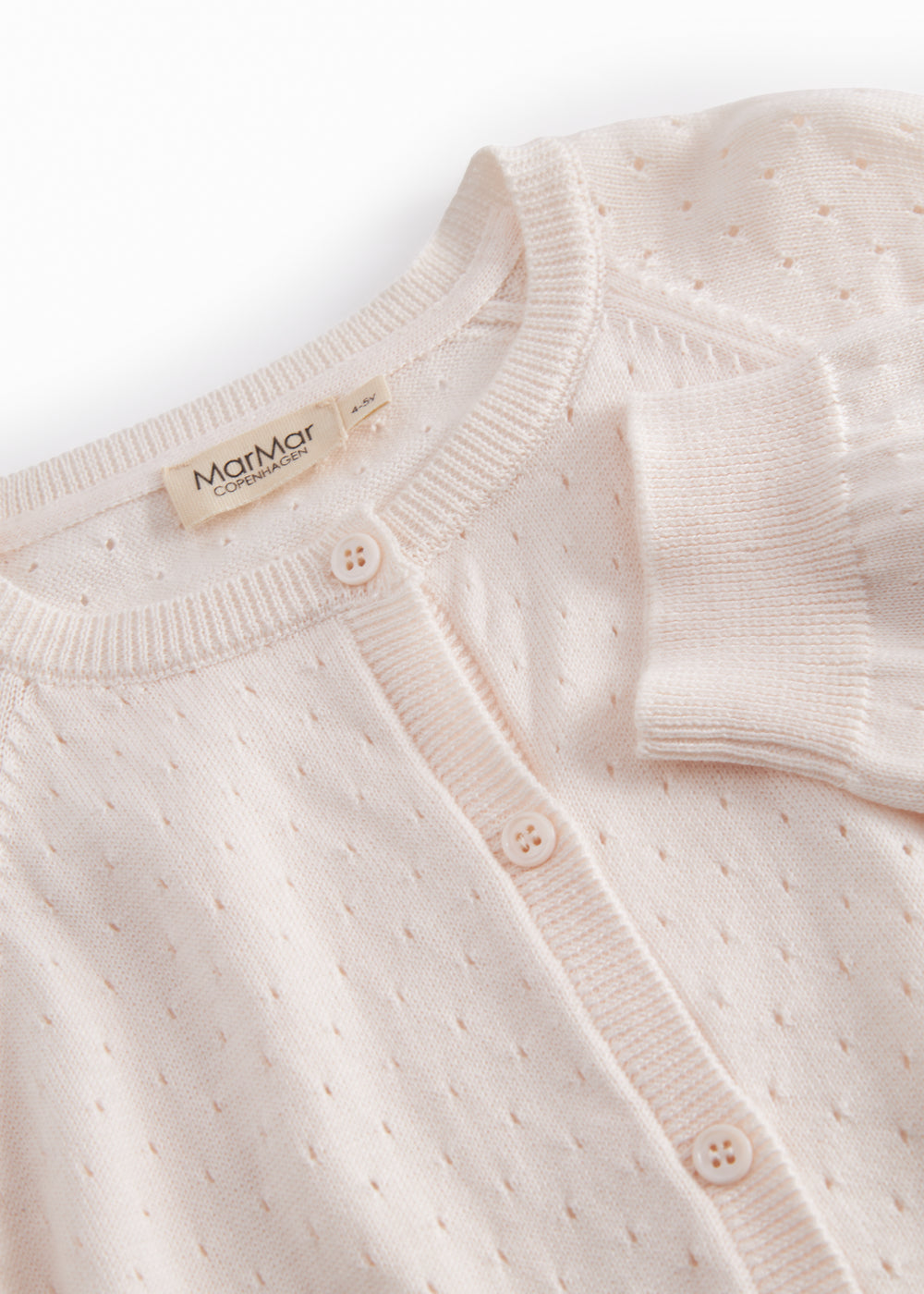 Strik cardigan til børn med fint hulmønster og knaplukning