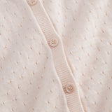 Striped cardigan for children with a fine pattern and button closure.