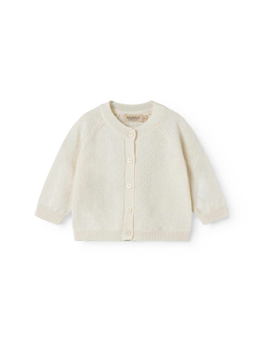 White striped cardigan for baby, with a pretty hole pattern and button closure.