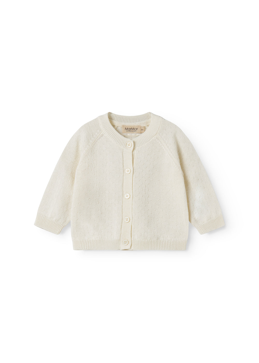 White striped cardigan for baby, with a pretty hole pattern and button closure.