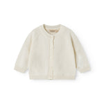 White striped cardigan for baby, with a pretty hole pattern and button closure.