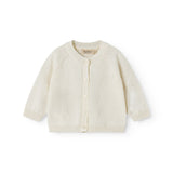 White striped cardigan for baby, with a pretty hole pattern and button closure.