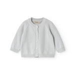 Green striped cardigan for baby, with a pretty lace pattern and button closure.