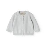 Green striped cardigan for baby, with a pretty lace pattern and button closure.