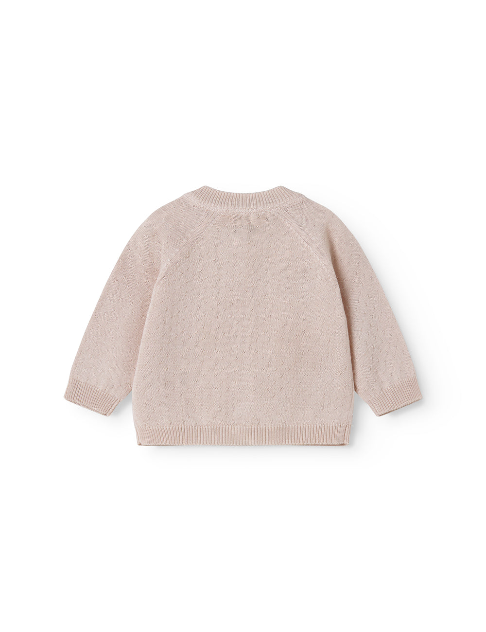 Lyserød strik cardigan til baby, med fint hulmønster og knaplukning