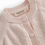 Red striped cardigan for baby, with a pretty lace pattern and button closure.