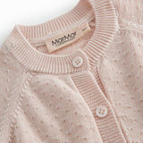 Red striped cardigan for baby, with a pretty lace pattern and button closure.