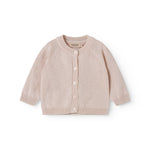 Red striped cardigan for baby, with a pretty lace pattern and button closure.