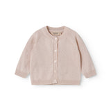 Red striped cardigan for baby, with a pretty lace pattern and button closure.