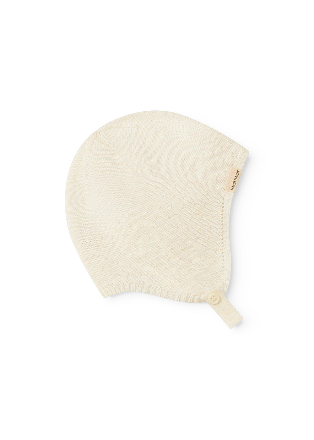 Striped baby hat in white with button closure