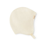 Striped baby hat in white with button closure