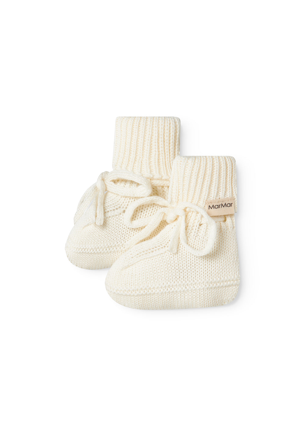 Strikkede babyfutter i råhvid med ribkant og bindebånd
