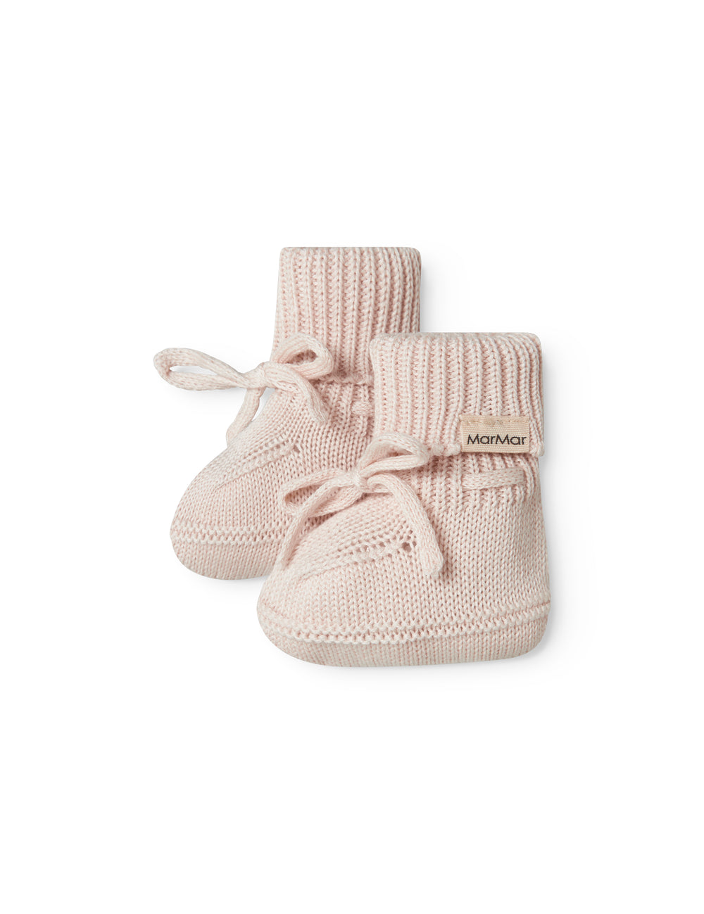 Strikkede babyfutter i lyserød med ribkant og bindebånd
