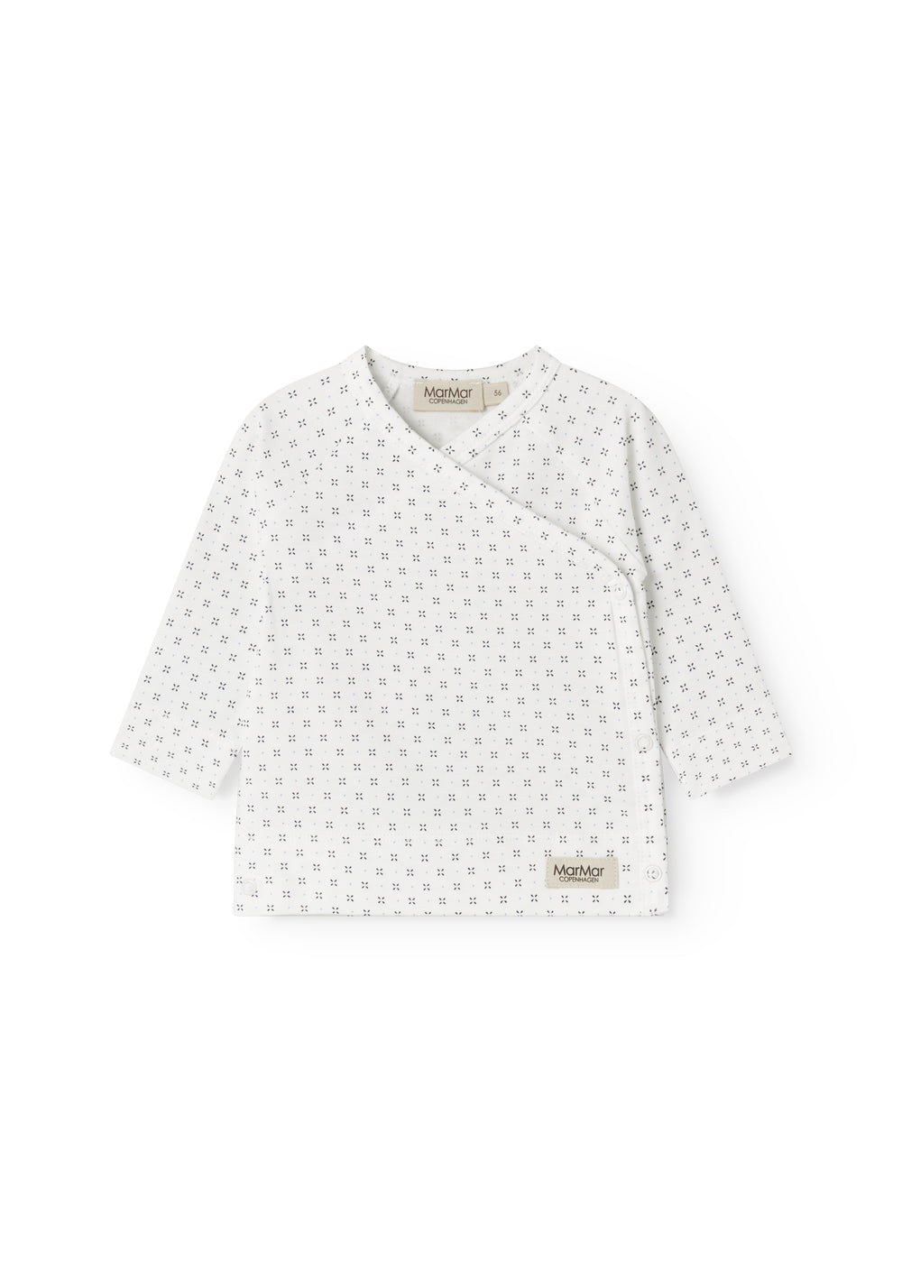 White baby blouse with wrap closure and fine pattern