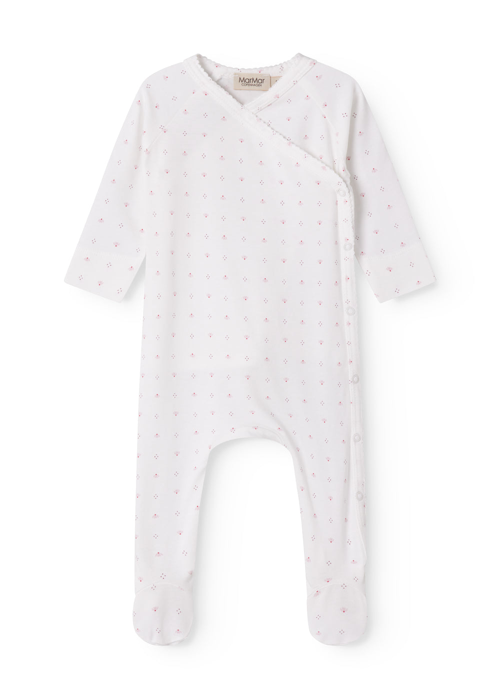 White baby all-in-one with feet in fine floral pattern