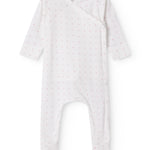 White baby all-in-one with feet in fine floral pattern