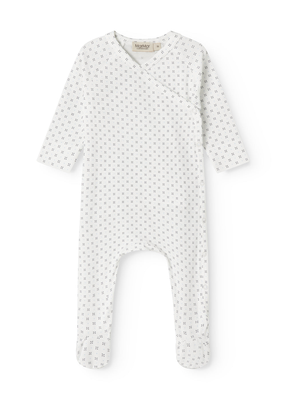 White baby all-in-one with feet in fine pattern