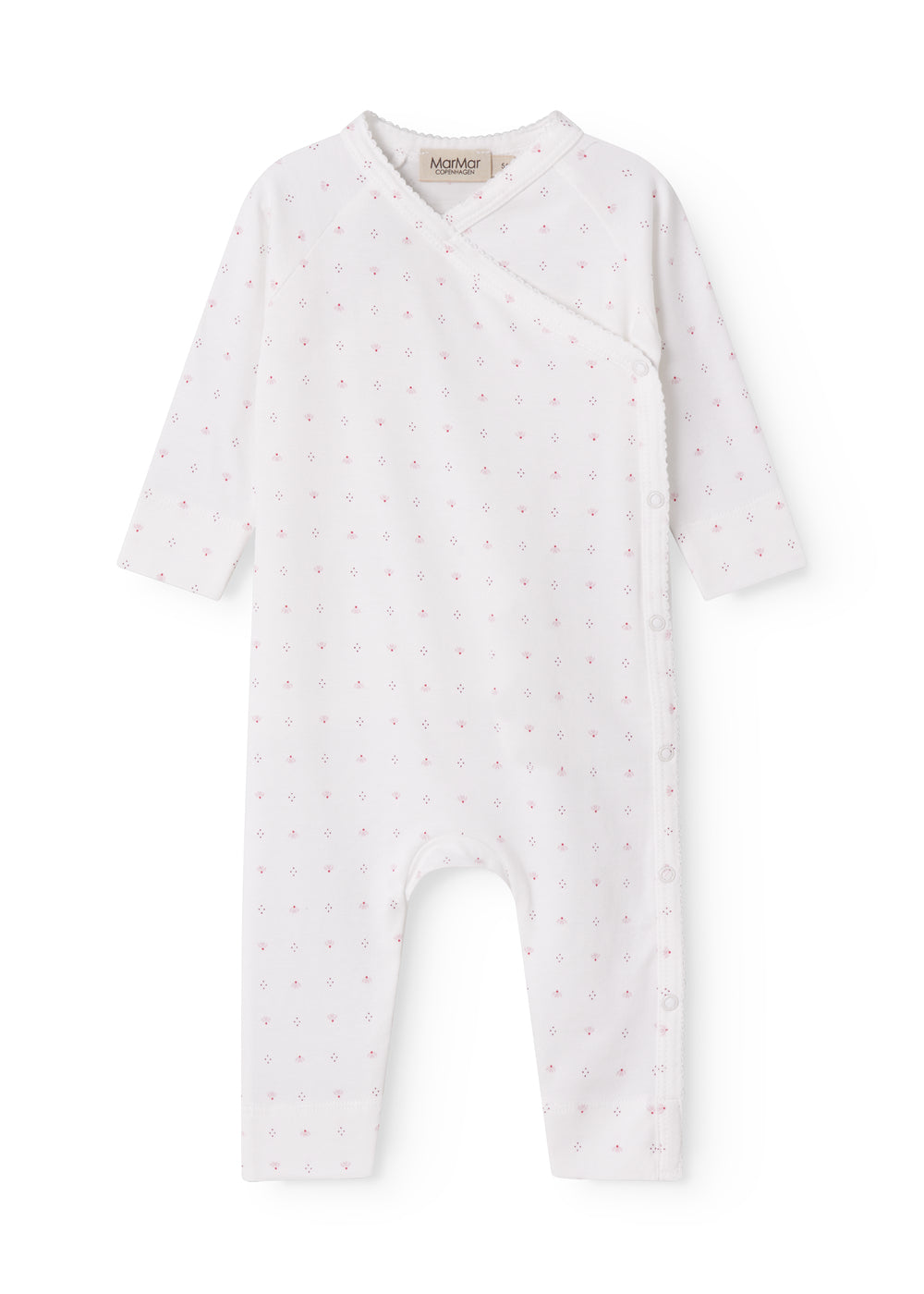 White baby all-in-one with wrap-around closure and small flowers
