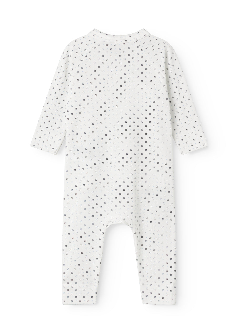Hvid baby heldragt med  slå-om-lukning og et fint mønster