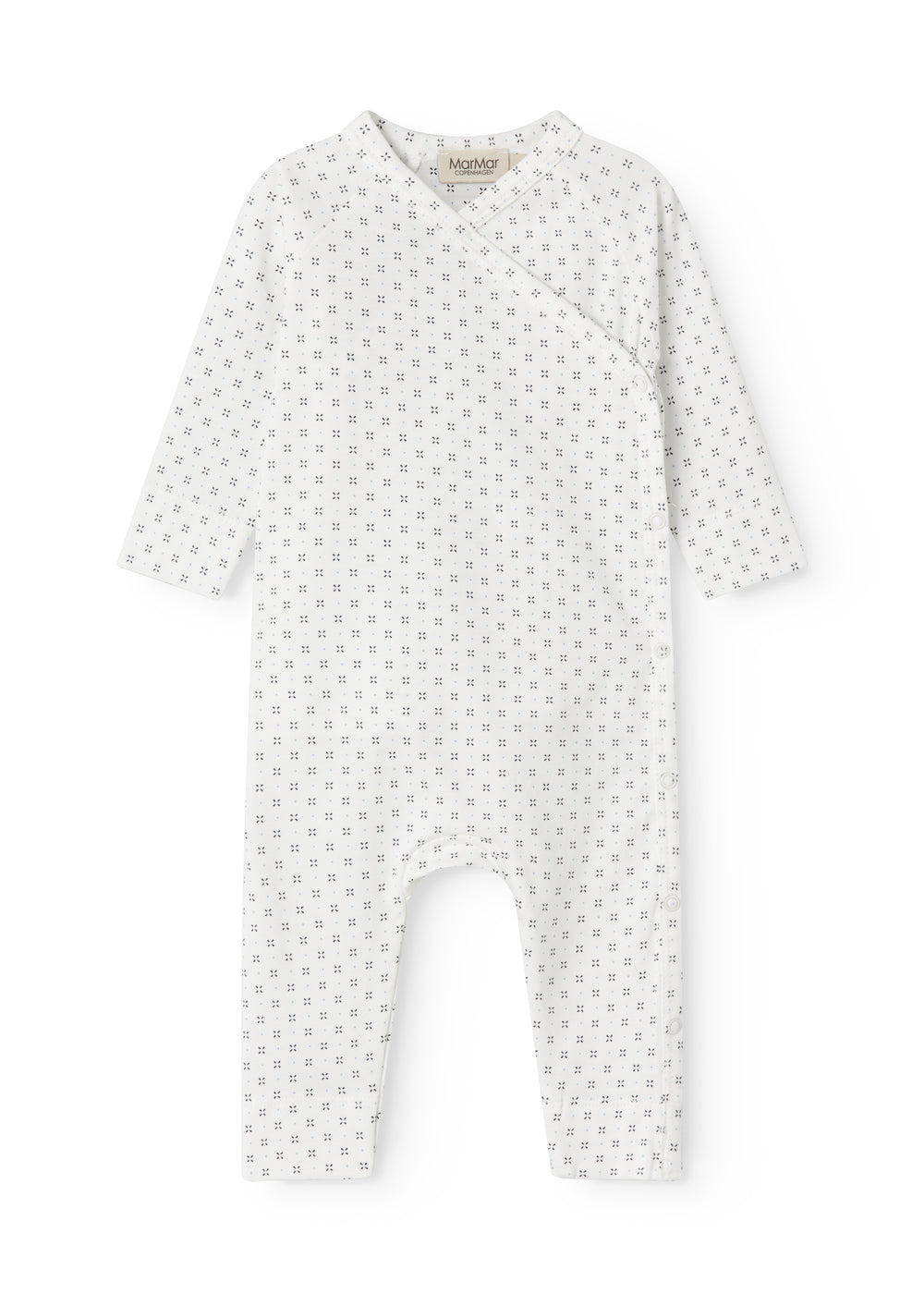 White baby all-in-one with wrap-around closure and a fine pattern