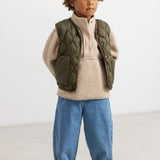 Dark green quilted vest with buttons and patterned front for children