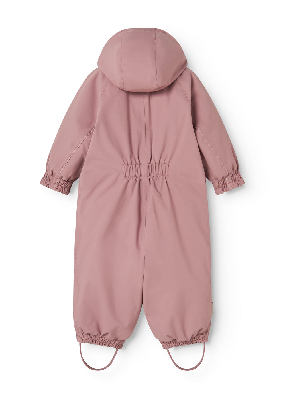 Pink jumpsuit for children with hood and elastic at wrists and ankles