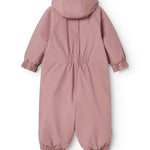 Pink jumpsuit for children with hood and elastic at wrists and ankles