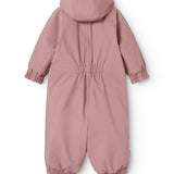 Pink jumpsuit for children with hood and elastic at wrists and ankles