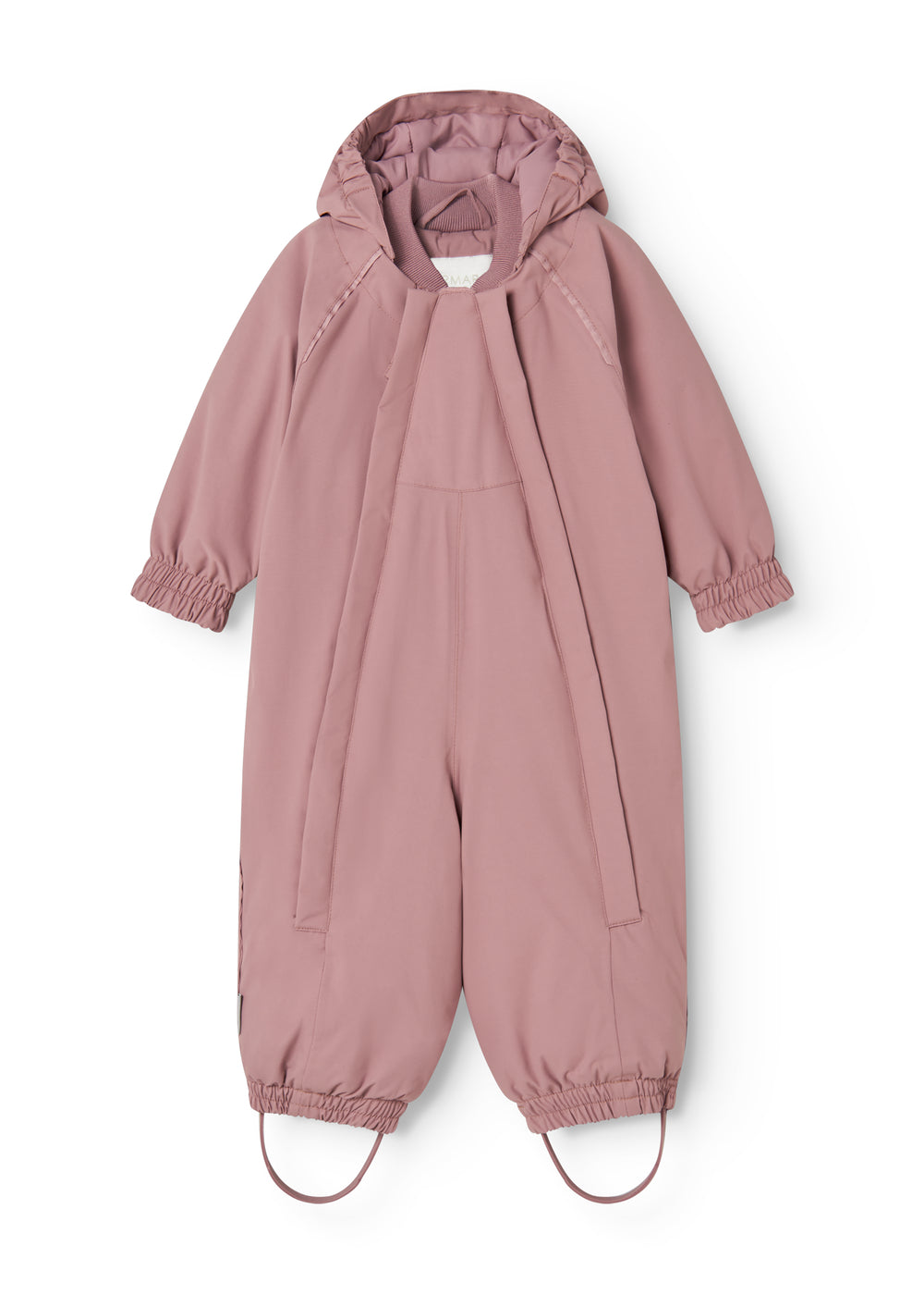Pink jumpsuit with hood, front zipper, and soft legs with elastic and foot closure.