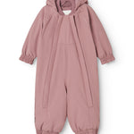 Pink jumpsuit with hood, front zipper, and soft legs with elastic and foot closure.