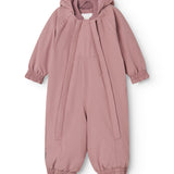 Pink jumpsuit with hood, front zipper, and soft legs with elastic and foot closure.