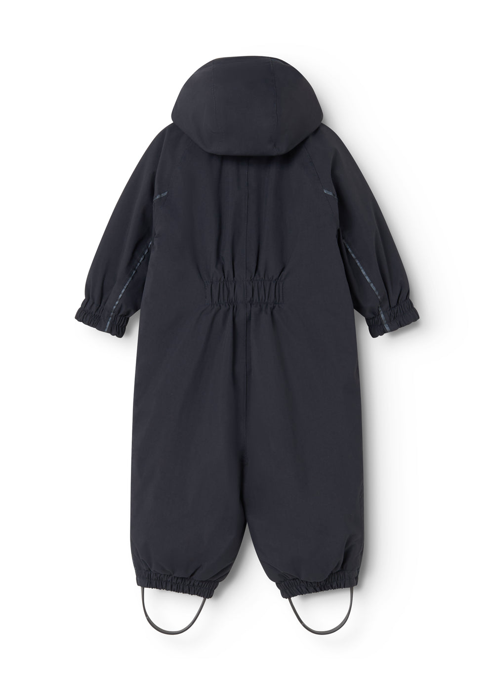 Dark jumpsuit for baby with hood, zipper opening, and angled reflective details.