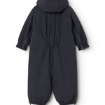 Dark jumpsuit for baby with hood, zipper opening, and angled reflective details.