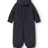 Dark jumpsuit for baby with hood, zipper opening, and angled reflective details.