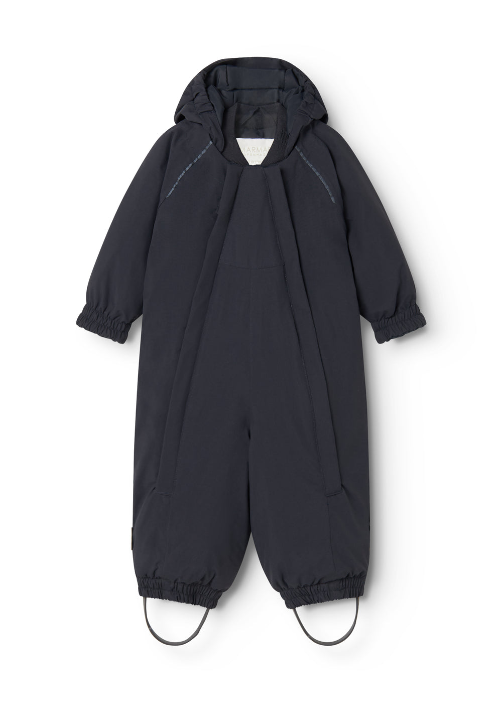Black flight suit for baby with hood and zipper opening, plus reflective strips on sleeves.