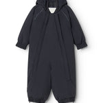 Black flight suit for baby with hood and zipper opening, plus reflective strips on sleeves.